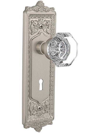 Egg and Dart Door Set with Waldorf-Crystal Glass Knobs and Keyhole - 2 3/8 in Satin Nickel.